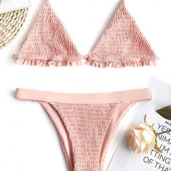 ZAFUL Smocked Ruffle Triangle Bikini Set - Size Small Blush Pink